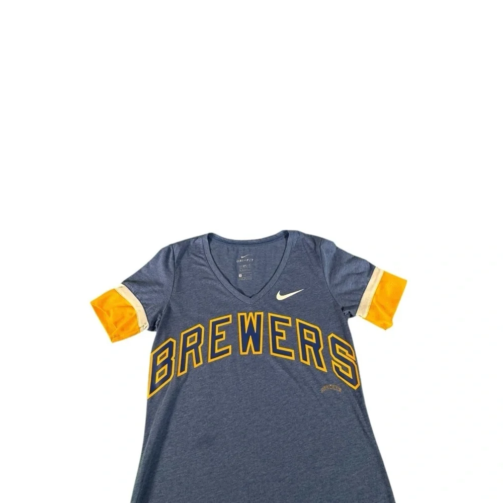 Nike Milwaukee Brewers Womens Dri-Fit V-Neck Shirt Blue Small Flaw